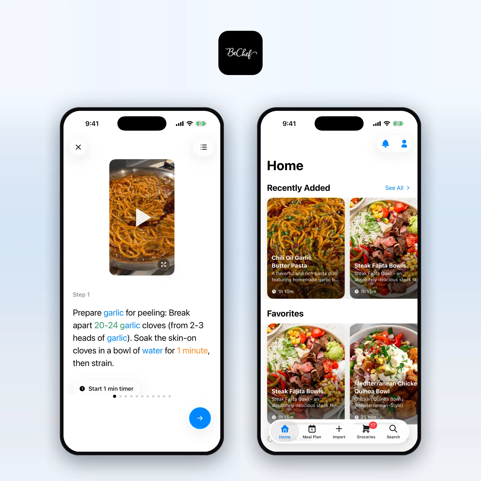 BeChef app icon above two BeChef screens: a step-by-step cooking view and the Home screen with saved recipes